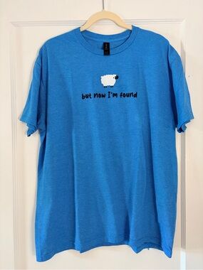 Gildan Blue “but now I’m found” Short-Sleeve Christian Tee with White Sheep